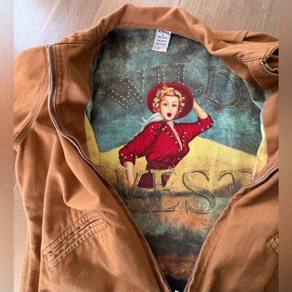 Vintage ETHYL”S LG Golden Brown Jacket with Graphic Wild West Lining - Picture 5 of 14